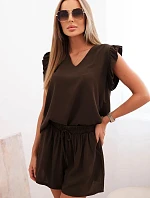 Dámský komplet z viskózy, blůza s volánky a krátké šortky hnědý