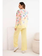 Dámský máslový viskózový komplet s květinovým vzorem se širokými nohavicemi žlutý