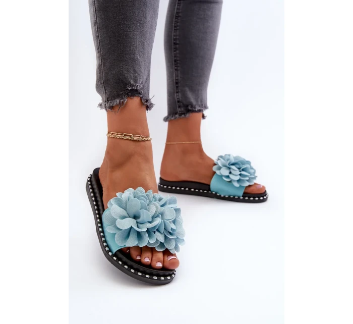 Dámské pantofle zdobené květinami, modrý cellanen Dámské pantofle zdobené květinami, modrý cellanen