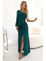 658-2 Třpytivé maxi šaty na jedno rameno s asymetrickými rukávy a rozparkem - lahvově zelené 658-2 Třpytivé maxi šaty na jedno rameno s asymetrickými rukávy a rozparkem - lahvově zelené