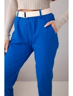 Dámské bavlněné kalhoty s páskem a ohrnutými nohavicemi chabrové Dámské bavlněné kalhoty s páskem a ohrnutými nohavicemi chabrové