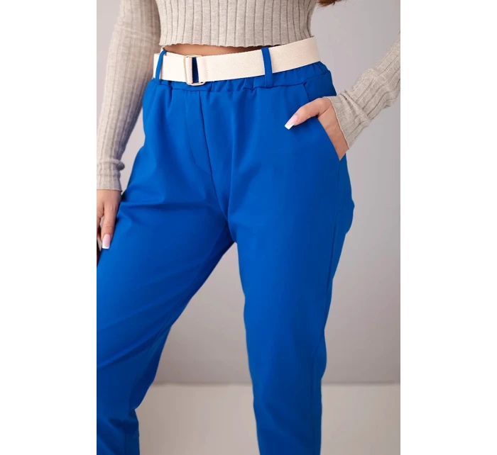 Dámské bavlněné kalhoty s páskem a ohrnutými nohavicemi chabrové Dámské bavlněné kalhoty s páskem a ohrnutými nohavicemi chabrové