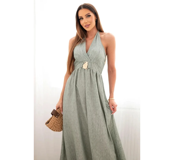 Dámské viskózové maxi šaty vázané na krku s ozdobnou sponou khaki Dámské viskózové maxi šaty vázané na krku s ozdobnou sponou khaki