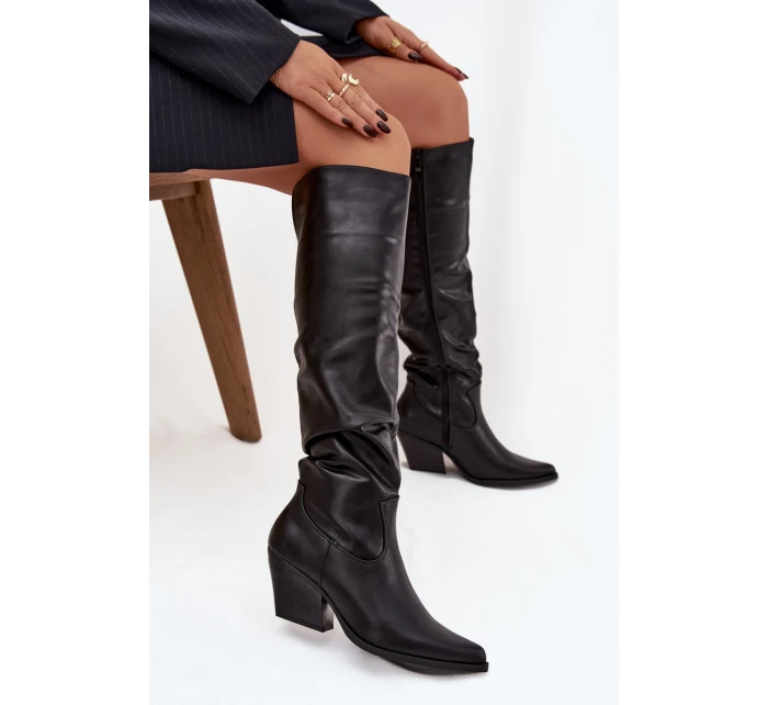 Kozačky Kovbojky Na Podpatku S Řasením Zateplené Černé Rosvian