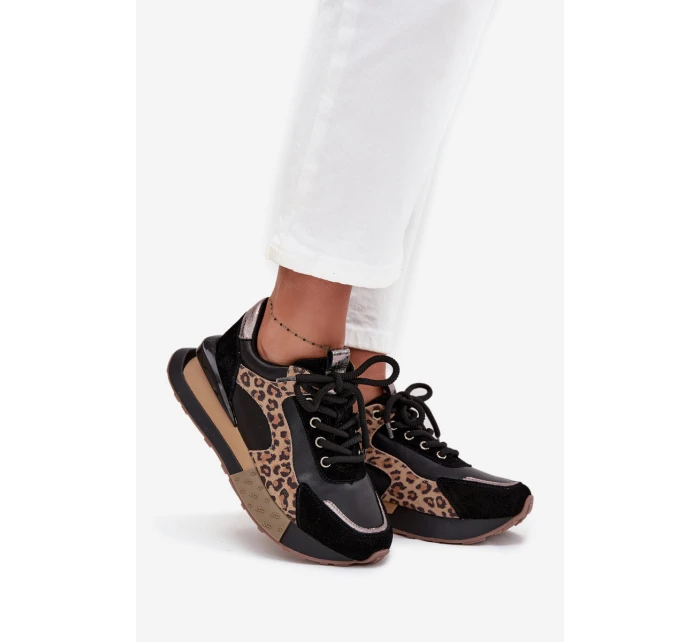 Dámské kožené tenisky na platformě s leopardím vzorem Artiker – černé Dámské kožené tenisky na platformě s leopardím vzorem Artiker – černé