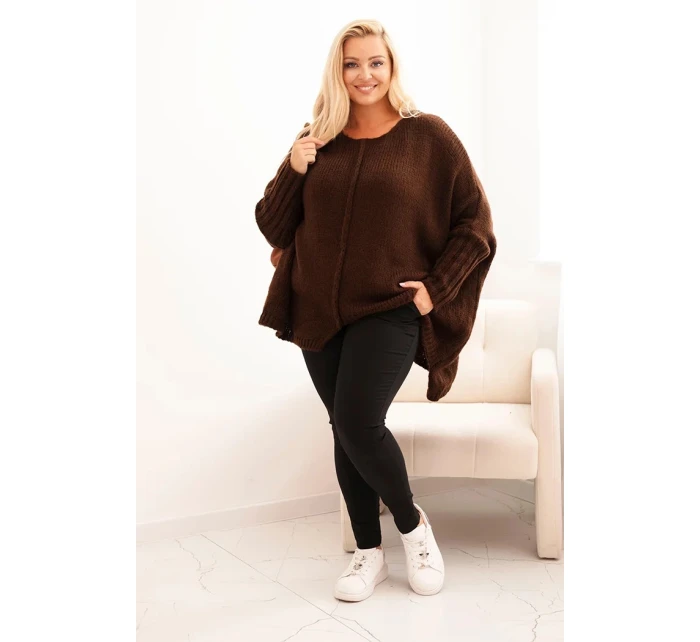 Dámský svetr Plus Size z model 21297042 s volným střihem a rukávem 3/4 hnědý - K-Fashion
