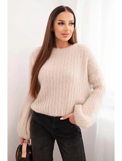 Dámský svetr z mohairu s balónovými rukávy béžový Dámský svetr z mohairu s balónovými rukávy béžový