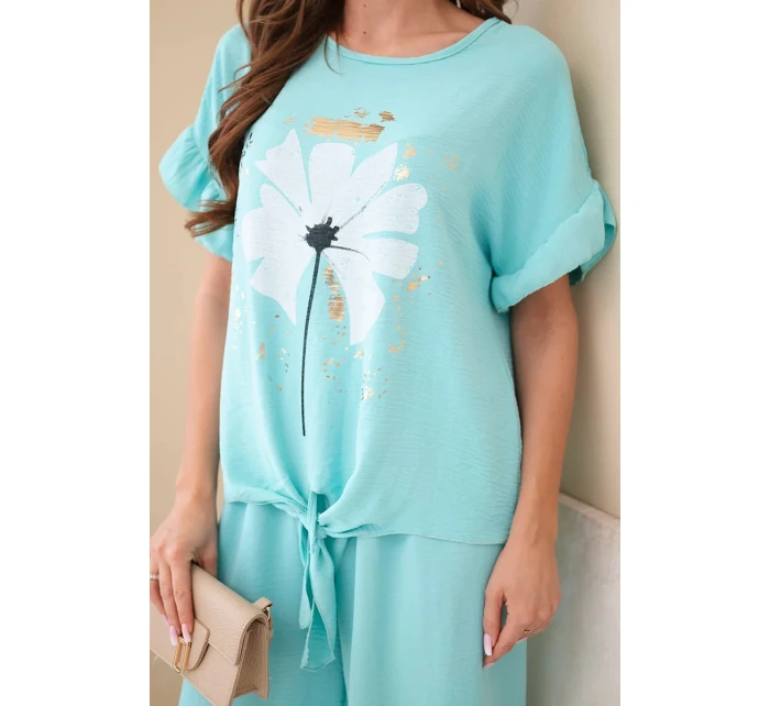 Dámský viskózový komplet s halenkou s potiskem a kalhotami mátový