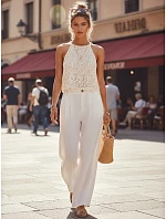 Dámské letní široké bílé plátěné kalhoty FashionStreet UY3080 Dámské letní široké bílé plátěné kalhoty FashionStreet UY3080