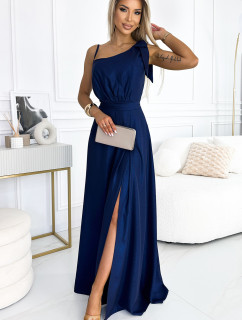 Tmavě modré dlouhé lesklé dámské šaty přes jedno rameno s mašlí 528-1