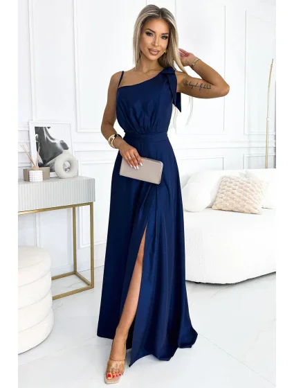 528-1 Dlouhé třpytivé šaty na jedno rameno s mašlí - ZELENÉ