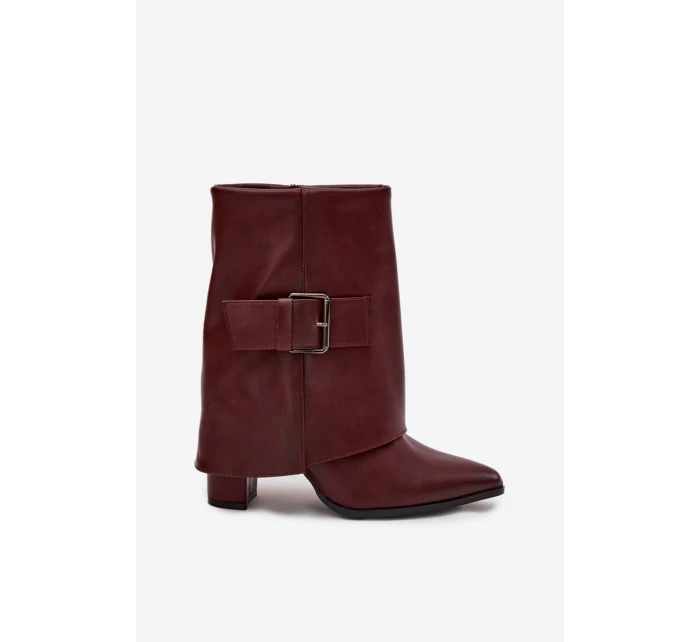 Dámské zateplené kotníkové botky na sloupku s ohrnovací manžetou a přezkou – bordó Ylenara Dámské zateplené kotníkové botky na sloupku s ohrnovací manžetou a přezkou – bordó Ylenara