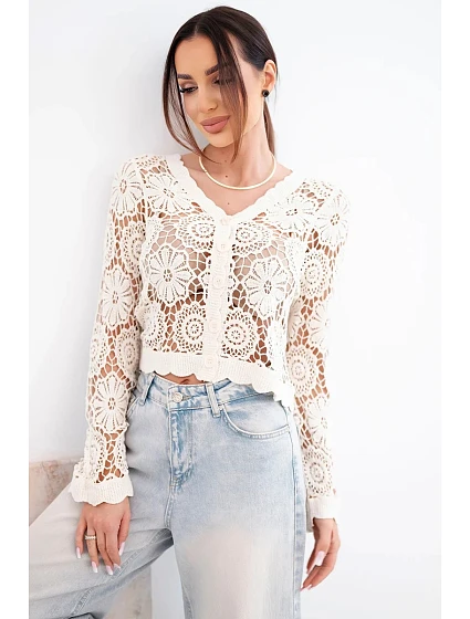 Dámský letní krajkový svetr s knoflíky a dlouhým rukávem černý