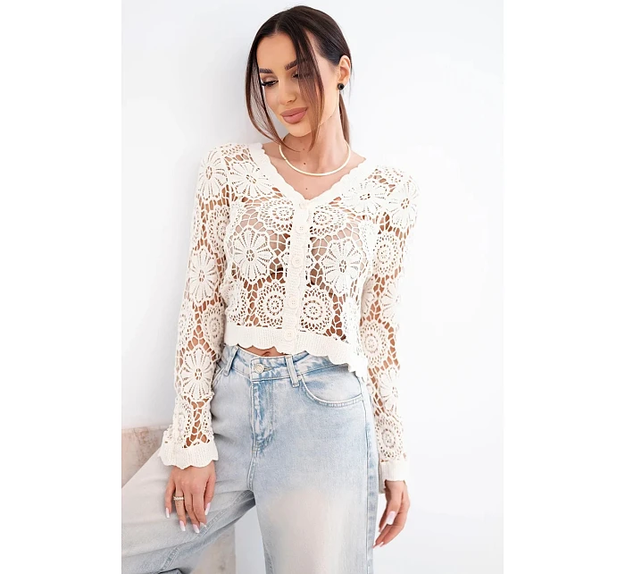 Dámský letní krajkový svetr s knoflíky a dlouhým rukávem černý