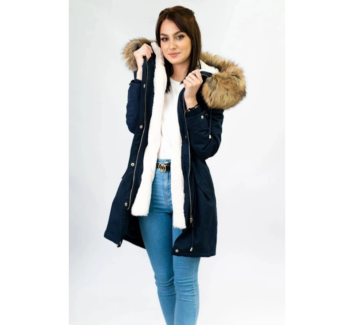 Tmavě modrá dámská zimní bunda parka s kapucí a odepínací kožešinovou podšívkou model 21242084 - Libland