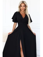 dlouhé šaty s rozparkem na rukávy a výstřihem černé model 21290293 - numoco