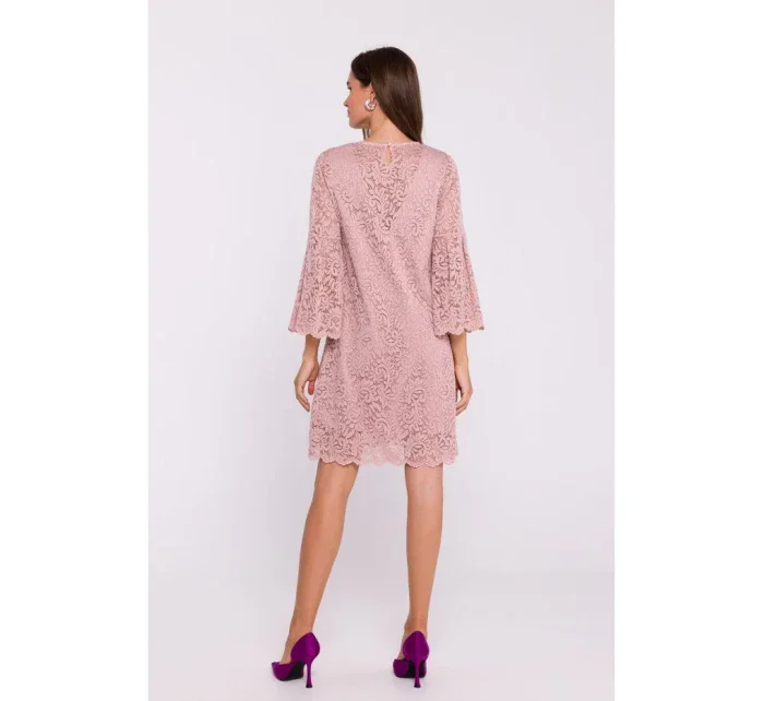 S380 Krajkové šaty ve tvaru trapézu - pudrové