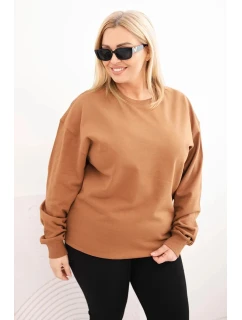 Dámská mikina Plus Size bavlněná basic s kulatým výstřihem camelová