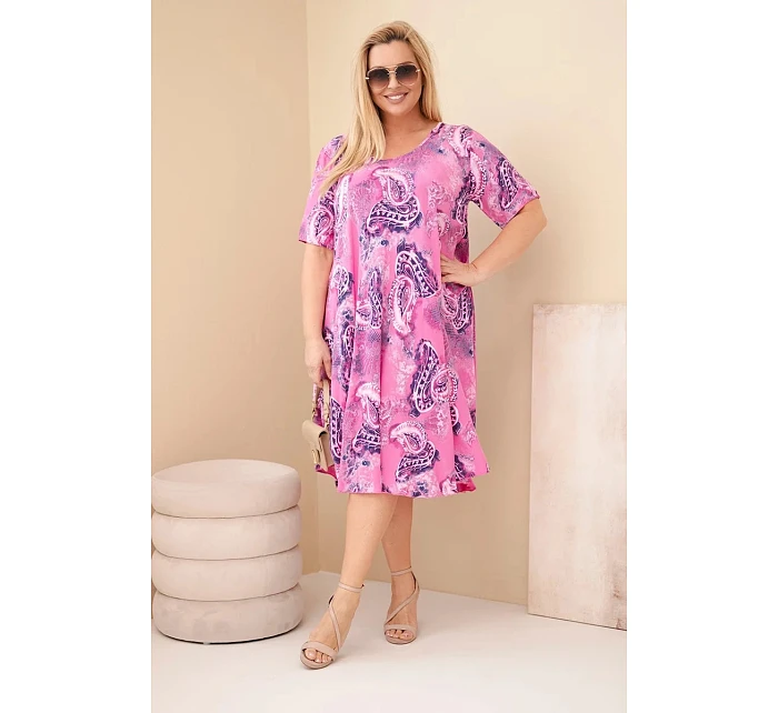 Dámské viskózové šaty ve velikosti Plus Size s krátkým rukávem a paisley vzorem tmavě růžová