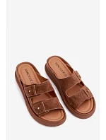 Kožené semišové dámské pantofle na platformě Vinceza 66916 camel