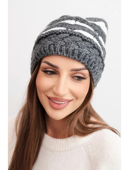 Dámská zimní čepice z vlny v hrubém úpletu a pruhy K465 grafitová + bílá