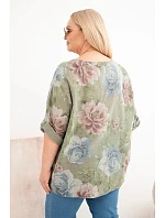 Dámská bavlněná halenka Plus Size s krátkým rukávem a květinovým vzorem khaki