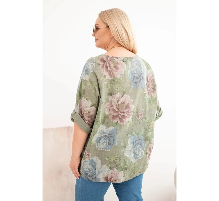 Dámská bavlněná halenka Plus Size s krátkým rukávem a květinovým vzorem khaki