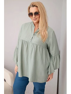 Dámská viskózová halenka Plus Size s volánovým rukávem a výstřihem do V khaki