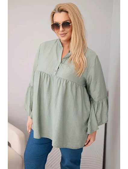Dámská viskózová halenka Plus Size s volánovým rukávem a výstřihem do V khaki