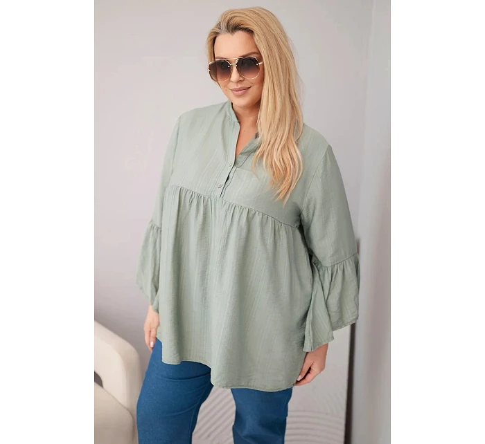 Dámská viskózová halenka Plus Size s volánovým rukávem a výstřihem do V khaki