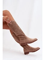 Dámské perforované kozačky na nízkém podpatku HY61-8023 Béžová - S.Barski