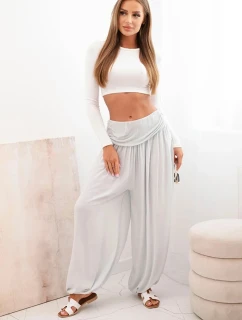 Dámské viskózové kalhoty s širokými nohavicemi a volánky šedý