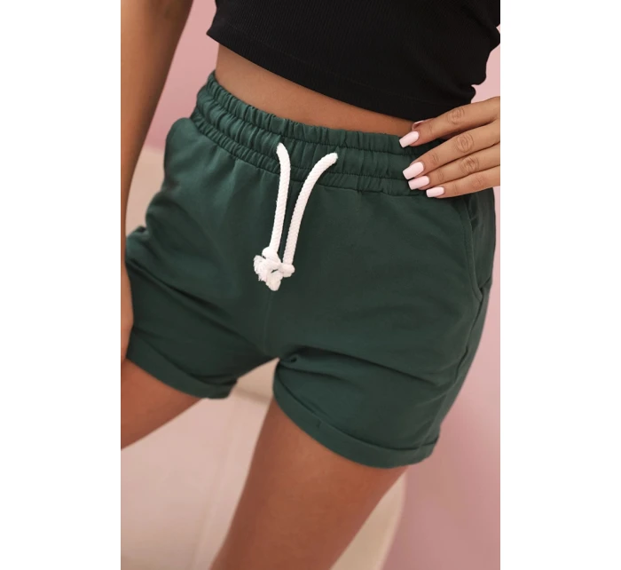 Dámské bavlněné šortky s gumou a vázáním v pase tmavě zelené