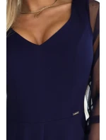 640-3 LORETTA jedinečné dlouhé šaty s tylovými rukávy a výstřihem - tmavě modré