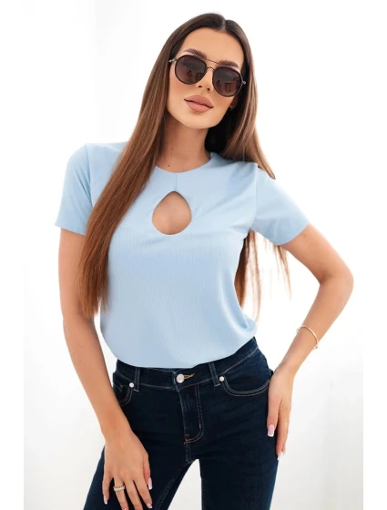 Dámská viskózová žebrovaná halenka s ozdobným vykrojením u dekoltu modrá