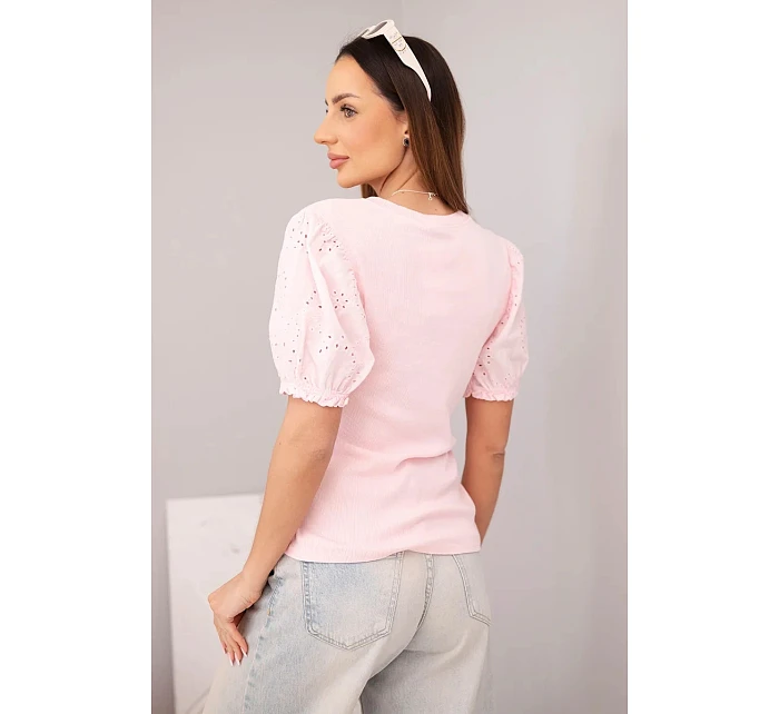 Dámská bavlněná žebrovaná halenka s nadýchaným rukávem a knoflíčky cukrově růžová