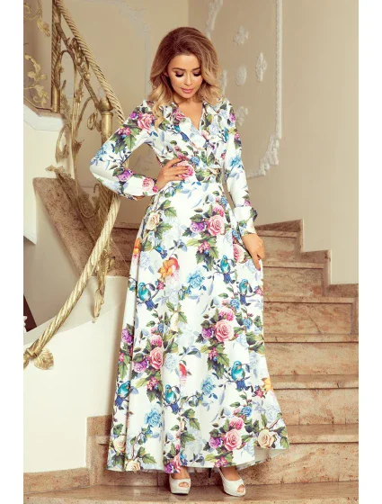 Dámské maxi šaty s volánkem, výstřihem a se vzorem barevných růží a světle modrých ptáčků model 7404387