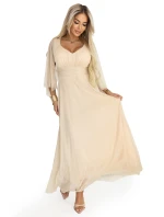 655-4 Dlouhé lehké třpytivé šaty s výstřihem a průhlednými rukávy - šampaňsko-béžová barva 655-4 Dlouhé lehké třpytivé šaty s výstřihem a průhlednými rukávy - šampaňsko-béžová barva