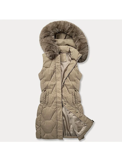 Dámská bunda bez rukávů s kožešinou na kapuci J Style béžová (16M9172-62) Dámská bunda bez rukávů s kožešinou na kapuci J Style béžová (16M9172-62)