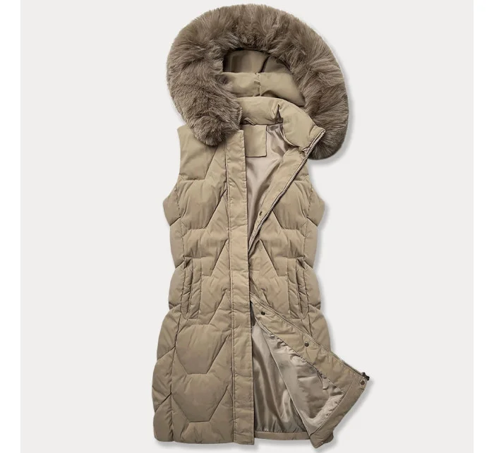 Béžová dámská vesta s kapucí kožešinou model 20689521 - J.STYLE