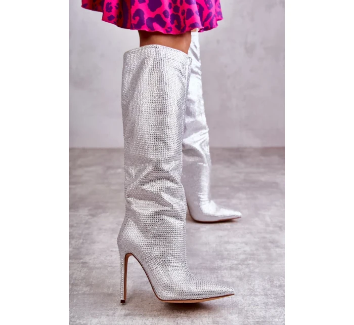 Módní kozačky na vysokém podpatku s kubickými zirkony stříbrne Lovisa
