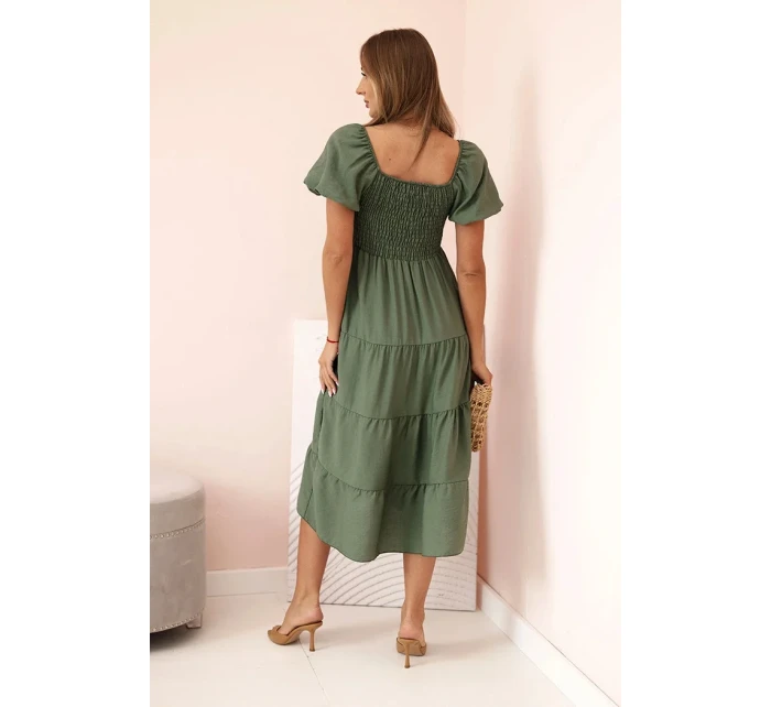 Dámské viskózové šaty s nabíranými rukávy a volánkovým topem khaki