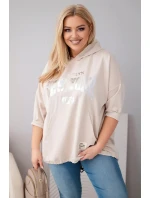 Dámská mikina plus size z viskózy s kapucí a klokaní kapsou béžová Dámská mikina plus size z viskózy s kapucí a klokaní kapsou béžová