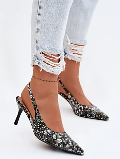 Zdobené dámské sandály na podpatku s květinovým vzorem Černé model 22103124 - Boto