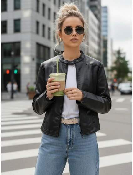 Dámská kožená bunda se stojáčkem černá FashionStreet TY5568