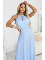 Elegantní maxi večerní šaty na ramínka s a zavazováním v pase modré model 22004204 - numoco basic