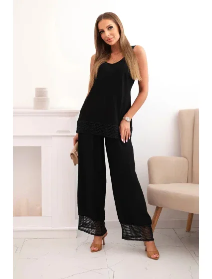 Dámská souprava z viskózy, top na model 21193172 ramínkách a kalhoty s širokým střihem černý - K-Fashion