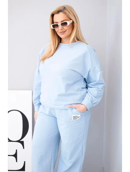Dámská souprava Plus Size bavlněná s volnou mikinou a kalhotami s širokým nohavicí modrá