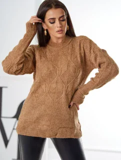Svetr model 18970329 přes hlavu s módní vazbou Velbloud - K-Fashion