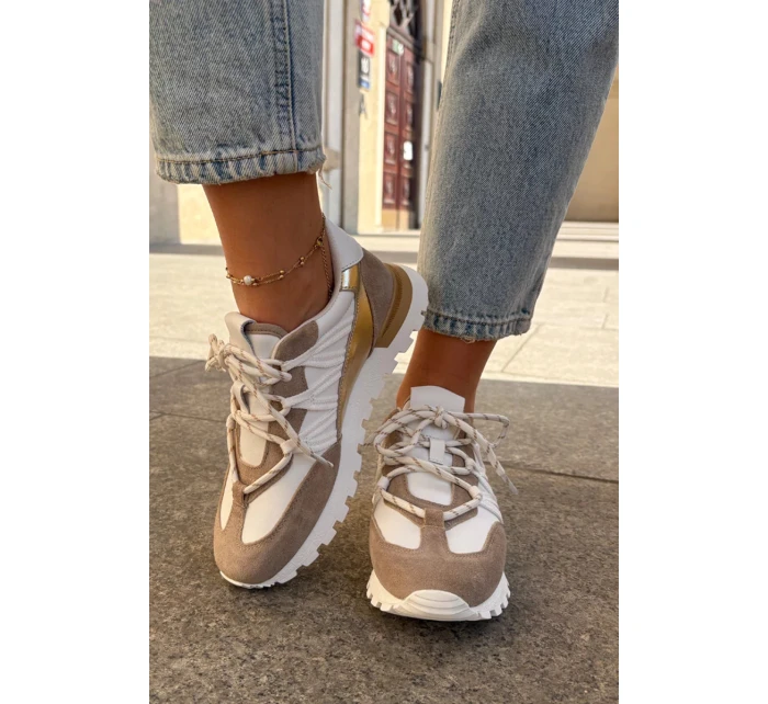 Dámské kožené polobotky sneakers Artiker – béžovo/zlaté